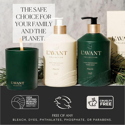L'AVANT Collective The Ultimate Dish Wash Duo, Natural Luxury Dish Soap 16 Fl Oz with Refillable Glass Pump Bottle & 2 Loofah Dish Sponges for Pots, Pans, Dishes and Kitchen Cleaning, Winter Fir
