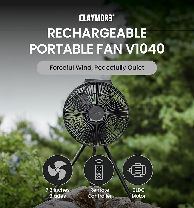 Claymore V1040 Black Rechargeable Portable Fan ??10,400mAh Power Bank Function Remote Control 4-Speed Quiet BLDC Air Circulator USB-C Charging 23 Hrs Runtime for Camping, Indoor, Outdoor