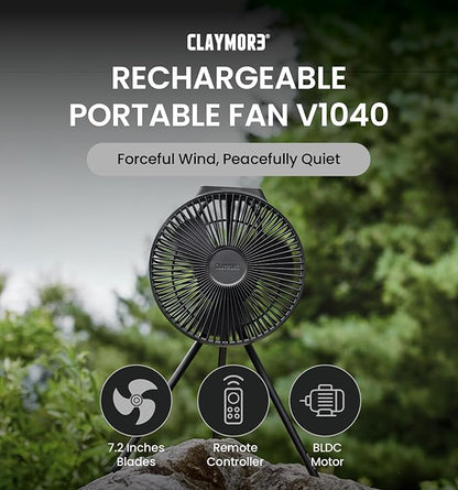Claymore V1040 Black Rechargeable Portable Fan ??10,400mAh Power Bank Function Remote Control 4-Speed Quiet BLDC Air Circulator USB-C Charging 23 Hrs Runtime for Camping, Indoor, Outdoor