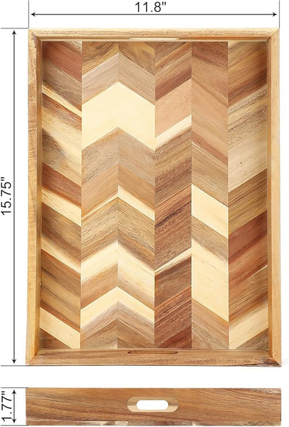 Acacia Wood Serving Tray with Handles，15.7x11.8 in Colorful Wooden Serving Tray Ottoman Tray Decorative Serving Trays Platter for Breakfast in Bed, Great for Lap &Couch
