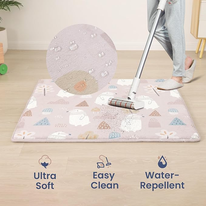 Baby Play Mat for Floor,1.3" Thick Cushioned Playpen Mat 50"x50",Extra Soft Elasti-Foam,Water Repellent Coral Velvet,Non-Slip for Crawling&Tummy Time,Infant Toddler Kids Nursery Rug((Polar Bear)