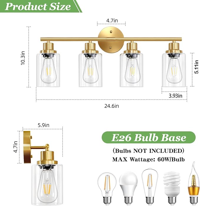 Guliaofo 4-Light Gold Bathroom Light Fixtures, E26 Modern Vanity Lights