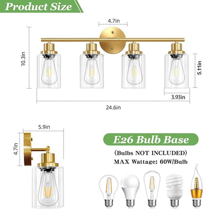 Guliaofo 4-Light Gold Bathroom Light Fixtures, E26 Modern Vanity Lights