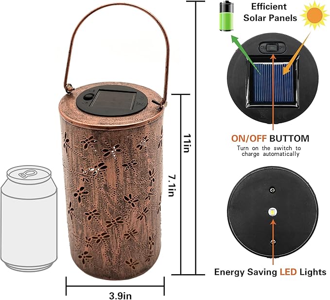 2 Pack Solar Lanterns Outdoor Hanging Lantern Lights, Dragonfly Hollowed-Out Metal Decor Lantern, Waterproof LED Decorative Garden Light - Delicate Garden Decoration for Patio, Yard