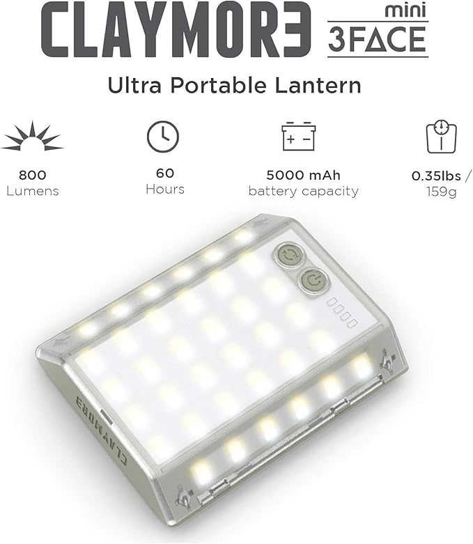 CLAYMORE 3Face Mini (Moss Green) - Lightweight and Portable LED Area Light for Outdoors, Camping, Tent, Emergency, and Industrial Use. Rechargeable Lantern with USB-C, Up to 60 Hours Battery Life.