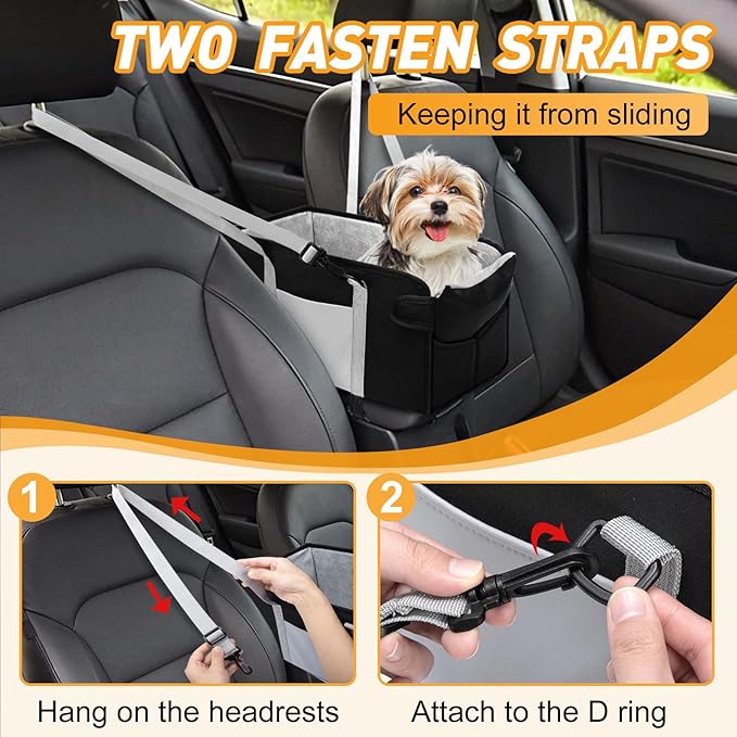 Portable Dog Car Seat for Small Dogs - Pet Booster Seat with Safety Leash, Adjustable Straps, Washable Cushion & Storage Pocket - Center Console Puppy Car Seat for Travel - Black