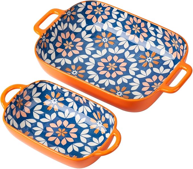 ONCCI Ceramic Baking Dish Set, 2-Piece Hand-painted Porcelain Rectangular