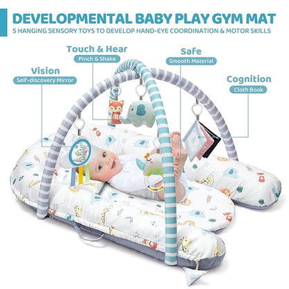 Baby Play Mat, 7-in-1 Tummy Time Activity Gym Mat, Washable Baby Lounger Nest, Portable Floor Seat for Home & Travel, Baby Essentials Gift for Infant Newborn 0-6-12-18 Months