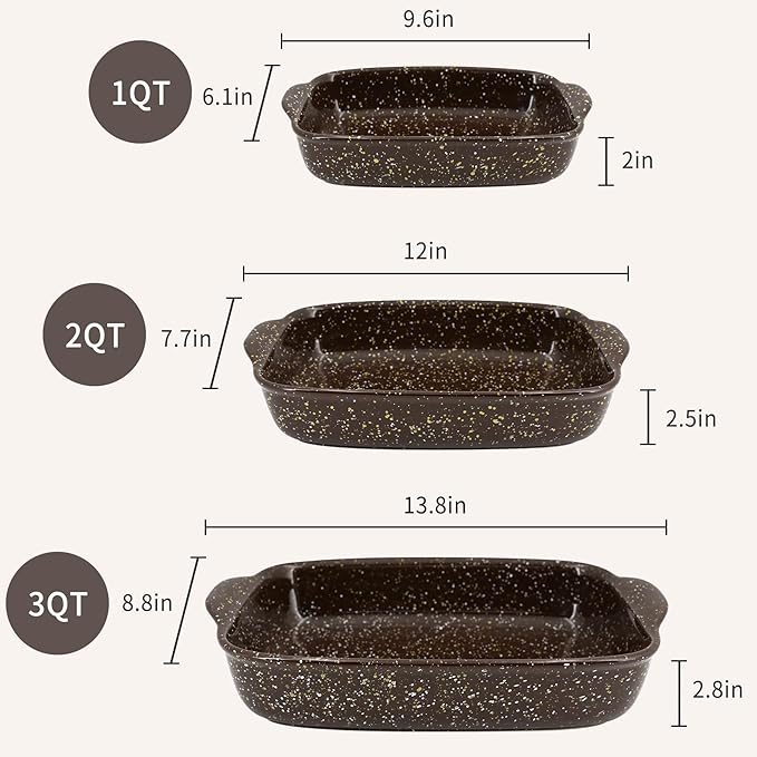 3-Pack Deep Rectangular Ceramic Baking Dishes, Heavy-Duty Oven-Safe Stoneware