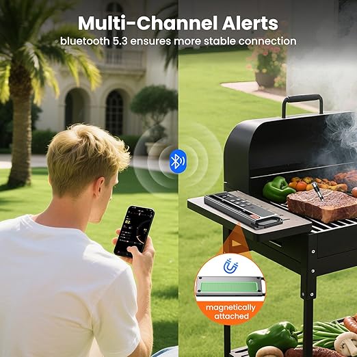 Wireless Meat Thermometer Digital-5.3 Bluetooth for Stable 800ft APP Control (iOS&Android), 10mins Charge for 24H Use Meat Probe, Accuracy ±0.5°F, Instant Read Meat Thermometer for BBQ, Grill, Oven