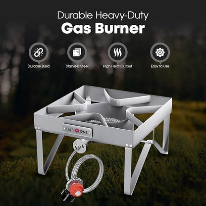 GasOne Stainless Steel Outdoor Propane Burner ??High Pressure Camp Stove with Adjustable Regulator & Steel-Braided Hose