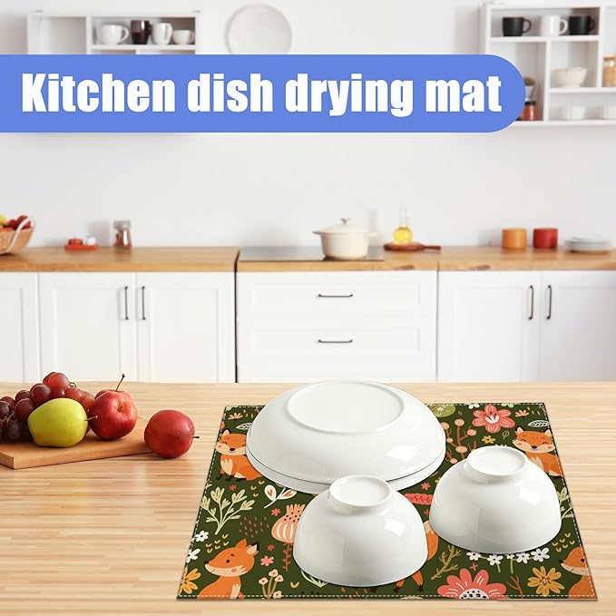 Cute Fox Dish Drying Mat for Kitchen Counter Animals Drying Pad Absorbent