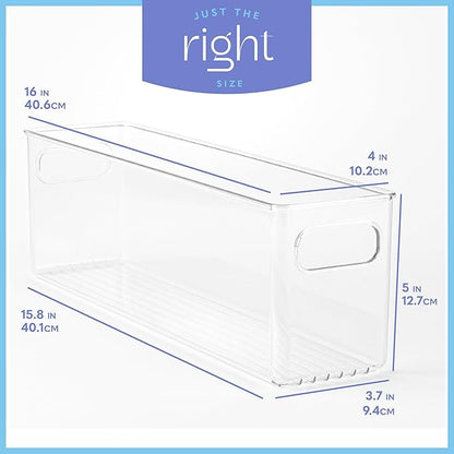 Plastic Food Storage Clear Container Bin with Handles for Organizing Kitchen, Pantry, Fridge, Freezer, Pantry,Bathroom. 16"x4"x5"