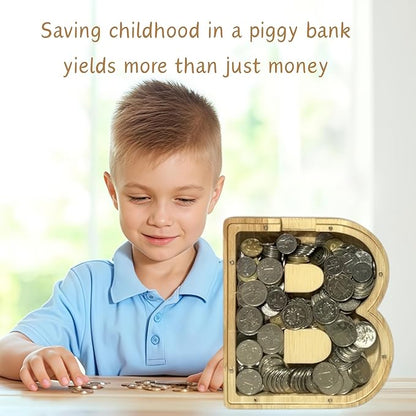 Wooden Alphabet Piggy Bank Clear Acrylic Panel Coin Savings Box Personalized Money Bank for Kids Boys Girls Adults, Birthday Christmas Gift Home Décor(B)