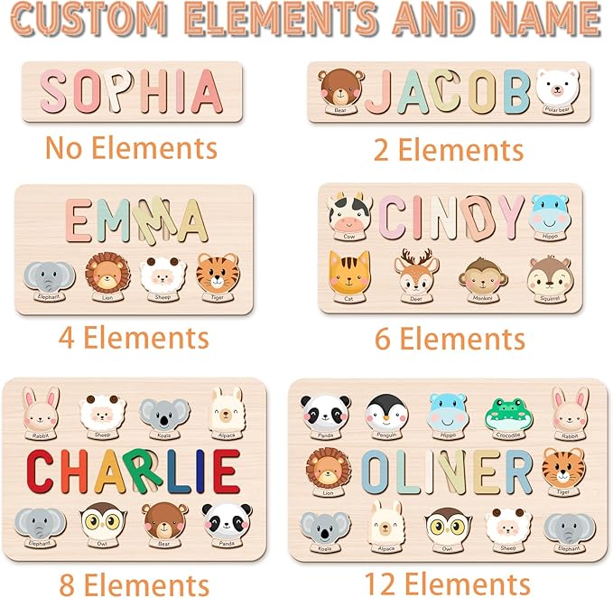Custom Name Puzzle for Kids Personalized Wooden Animal Puzzles for Toddlers 1-3 Engraved Text on Back, Personalized Baby Gifts Educational Toys for 1 Year Old Girl Gifts for Birthday Baptism