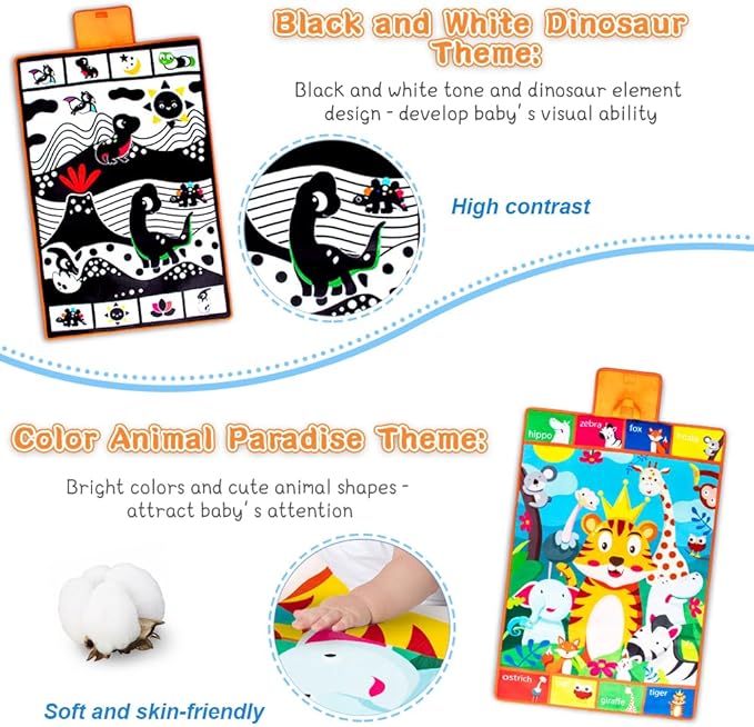 Tummy Time Toys,3-in-1 Tummy time Mat & Baby Mirror & Pillow- High Contrast Black and White Baby Toys for Early Education,Newborn Infant Activity Mat Set for 0 3 6 12 Month