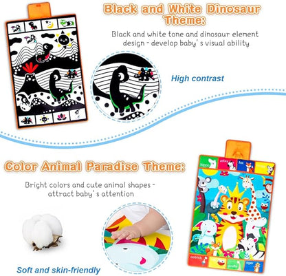 Tummy Time Toys,3-in-1 Tummy time Mat & Baby Mirror & Pillow- High Contrast Black and White Baby Toys for Early Education,Newborn Infant Activity Mat Set for 0 3 6 12 Month