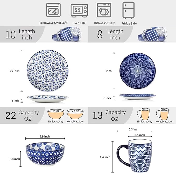 Selamica Ceramic Dinnerware Sets for 4, 16 Pieces Dishes Set, Scratch Resistant Plates and Bowls Sets, Microwave and Dishwasher Safe (Vintage Blue) A