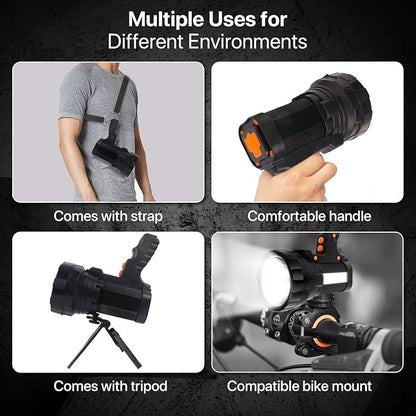 Powerful Spotlight - Super Bright 6000 Lumen Rechargeable Flashlight with 3 Light Modes, Long Battery Life, Waterproof, Durable ABS & Aluminum Alloy Construction, Adjustable Tripod & Strap