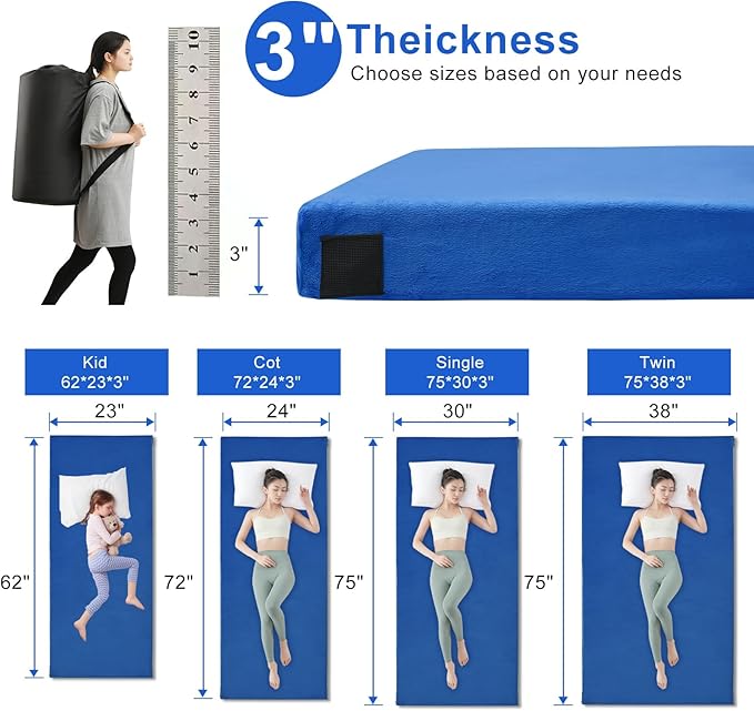 Memory Foam Camping Mattress pad, Comfortable Thick Floor Sleeping Mat for Adults with Waterproof and Non-Slip Bottom, Portable Roll Up Mattress for Sleepover Guest,Cot Mad for Car Camping