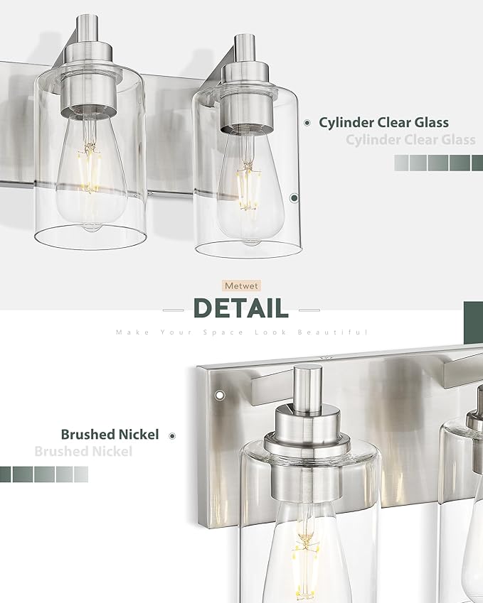 METWET 3-Light Bathroom Light Fixtures, Brushed Nickel Vanity Light