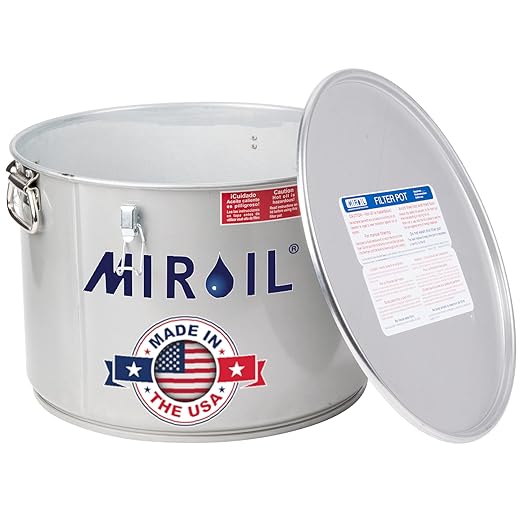 MirOil 7 Gal Grease Bucket & Oil Filter Pot, Made USA, Gasket Safety Lid with Lock Clips, Fryer Oil Capacity Up to 55 lbs. Low Profile To Fit Under Drain Valves, For Filtering of Hot Oil, 60L