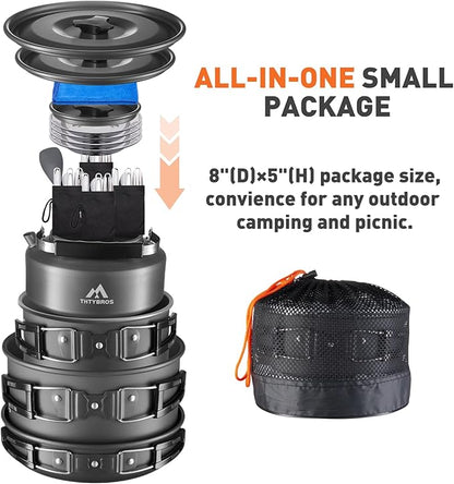 27pcs Camping Cookware Mess Kit for 2-4 People, Portable Cookware Set with Kettle, Pots & Pans, Stainless Steel Utensils, Plates, Dishware for Backpacking, Picnic, Outdoor Adventures