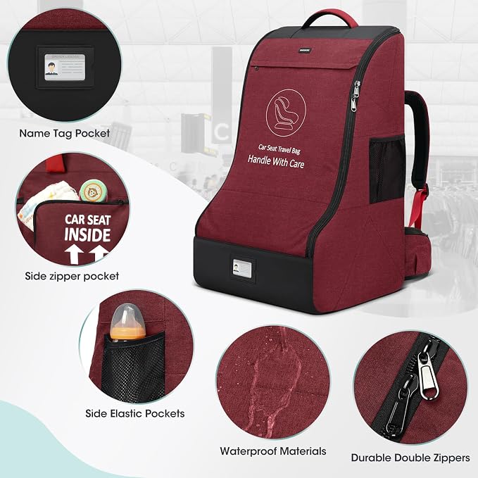 RAINSMORE Padded Car Seat Travel Bag for Airplane Heavy Duty Car Seat Backpack for Air Travel Baby Carseat Cover Bags for Airport Large Car Seats Carrier Fits Car Seats & Booster Seats,Red