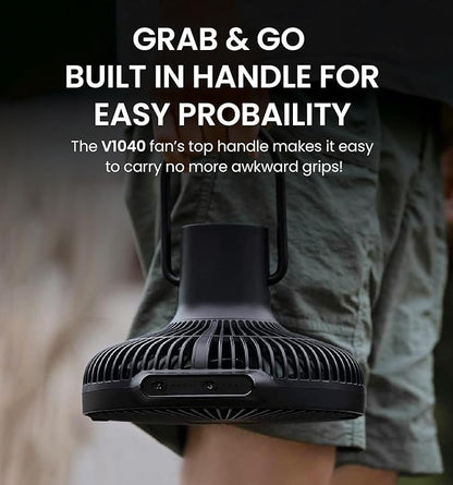 Claymore V1040 Black Rechargeable Portable Fan ??10,400mAh Power Bank Function Remote Control 4-Speed Quiet BLDC Air Circulator USB-C Charging 23 Hrs Runtime for Camping, Indoor, Outdoor