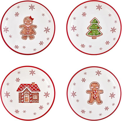 Bico Traditional Gingerbread Man Pasta Bowls, 35oz Salad Bowl Set of 4, Large Ceramic Serving Dinner Bowls for Soup and Cereal, Microwave and Dishwasher Safe, Gift for Housewarming and Holiday
