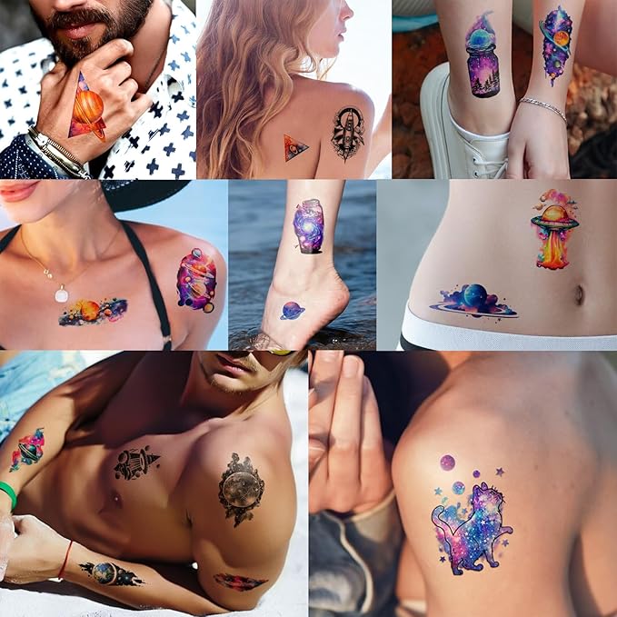 77 Sheets Temporary Tattoo, 17 Sheets Space Planet Astronaut Rockets Half Sleeve Fake Tattoos for Adults Men Women, 60 Sheets Small Tattoos Stickers Waterproof Lasting for Boys Girls Party Supplies