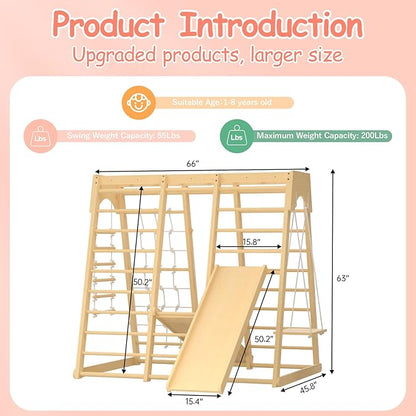 Toddler Jungle Gym, 66" Indoor Playground Set with Swing, Rock Climb Wall, Slide, Monkey Bars, Wood & Rope Ladder, Rope Wall Ladder for Kids 1-8yrs
