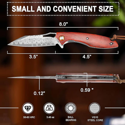Damascus Pocket Knife 3.5" Damascus Steel Blade Foldable Knives with Wooden Handle EDC Camping Folding Knives for Outdoor Men Women Christmas Birthday Gifts
