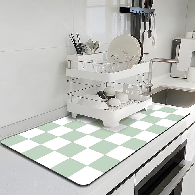 Dish Drying Mat for Kitchen, Checkered Coffee Station Mats