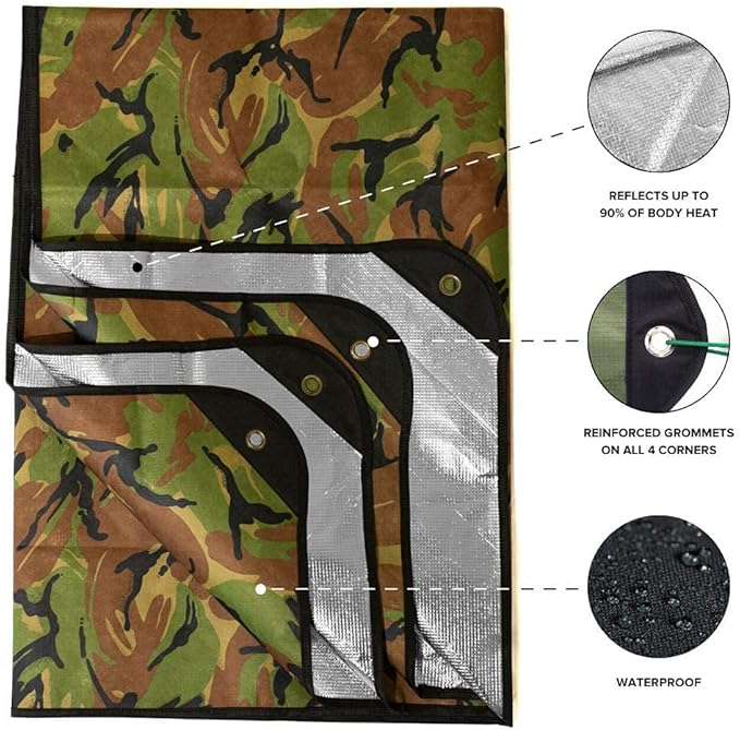 Arcturus Insulated Tarp, Reusable Heavy Duty Thermal Survival Blanket ??60x82in, Reflects 90% Body Heat, Waterproof, Windproof, 3-Layer Design, Reinforced Grommets, Woodland Camo