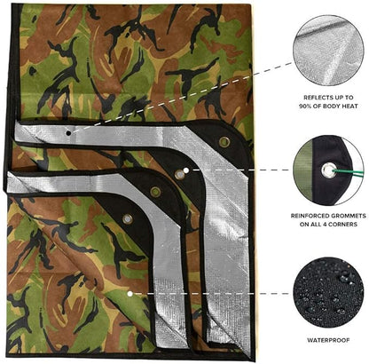 Arcturus Insulated Tarp, Reusable Heavy Duty Thermal Survival Blanket ??60x82in, Reflects 90% Body Heat, Waterproof, Windproof, 3-Layer Design, Reinforced Grommets, Woodland Camo