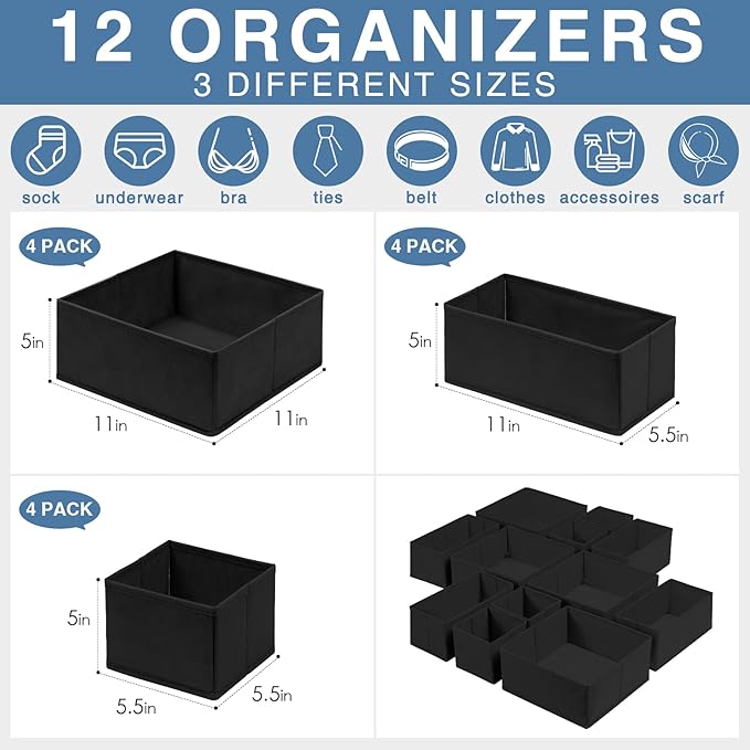 Criusia Drawer Organizer Clothes 12 Pack