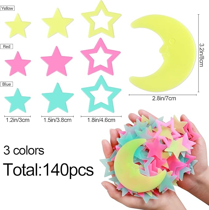 140 pcs Colorful Glow in The Dark Moon and Stars Wall Stickers Yellow Pink Blue Glowing Star Decor DIY 3D Hollow Luminous Stars Wall Decals for Kids Boys Baby Bedroom Ceiling Wall Decoration