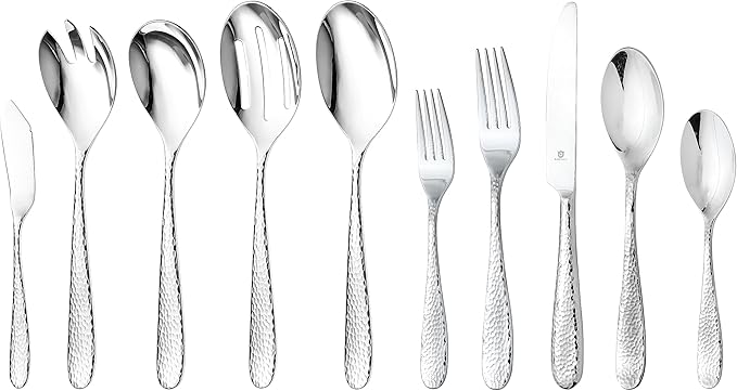 Hammered Silverware Set with Serving Utensils, 18/10 Stainless Steel Flatware for 8, Dishwasher Safe, Mirror Finish, Heavy-Duty, Built to Last (45-Piece Including a Serving Set, Fidenza Hammered)