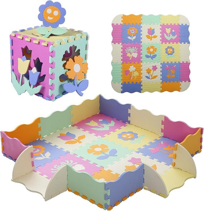 Foam Play Mat for Kids，25Pcs Square Interlocking Puzzle Floor Mat，Baby Play Mat Floor Mat Foam Puzzle Playmat for Toddlers with Fence（Flower-CSH037