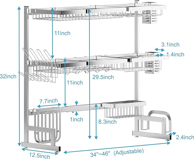 PUSDON Over Sink Dish Drying Rack Stainless Steel, Adjustable Large Dish Drainer