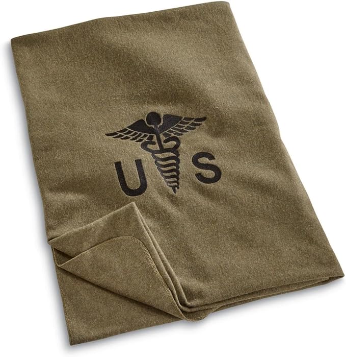 M MCGUIRE GEAR Military Style Wool Camping, Survival, and First Aid Blanket, 64" x 90", Embroidered Caduceus Logo, Olive Drab