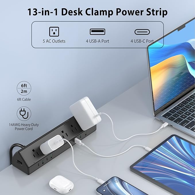 Jgstkcity Desk Clamp Power Strip, 45W Fast Charging Station, 4 USB-C, 4 USB-A