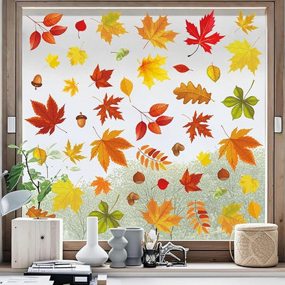 6 Sheets Fall Leaves Window Clings for Glass Windows Double-Side Autumn Window Clings Maple Leaves Pinecone Designs Thanksgiving Clings for Glass Windows Stickers for Home Office School Glass Decor
