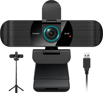 RUWBY QHD 2K Webcam with Built-in Dual Mics, Wide-Angle Lens, Privacy Cover