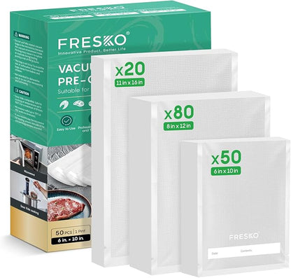 FRESKO Vacuum Sealer Bags, 150 Gallon 11" x 16" and Quart 8" x 12" and Pint 6" x 10" BPA Free PreCut Bag, Commercial Grade Food Vac Bags for Storage, Meal Prep or Sous Vide