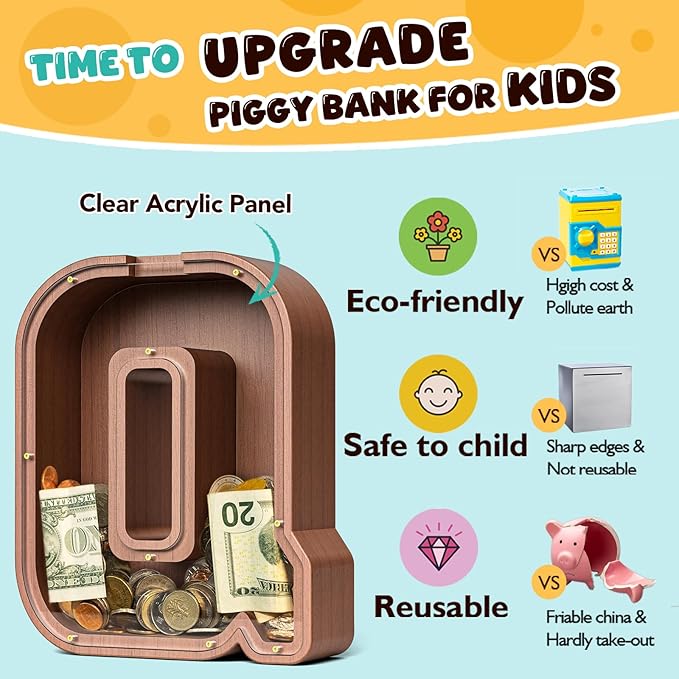 Summidate Wooden Letter Piggy Bank, Extra Thick Large Capacity Piggy Bank for Kids Boys Girls Toddler, Alphabet Q Money Bank| Coin Box Birthday, Christmas, Festival