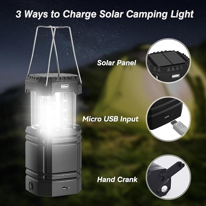 3000mAh Large Capacity Hand Crank Solar Camping Lantern, Portable Ultra Bright LED Torch, 23-26 Hours Running Time, USB Charger, Electronic Lantern for Outdoor