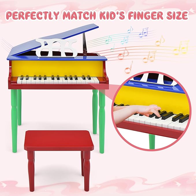 Goplus 30-Key Classical Kids Piano, Mini Grand Piano Wooden Learn-to-Play Musical Instrument Toy with Bench, Piano Lid, Music Rack, Gift for Boys Girls Aged 3+ Baby Toddler (4 Straight Leg-Colorful)