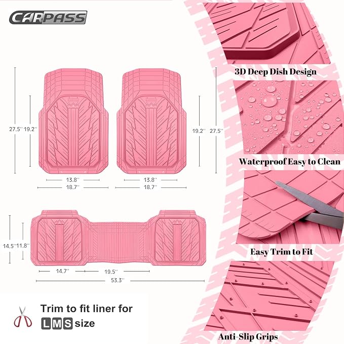 CAR PASS Heavy Rubber Car Floor Mats, Deep Waterproof Car Mats All Weather, Universal Trim-to Fit Automotive Floor Mats for Car SUV Truck Van, Durable Cute Floor Liners for Women Girly (All Pink)